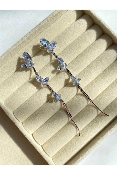 Diamara Designs Yapraklı Sallantılı Taşlı Küpe Rodyum ve Gümüş Kaplama Kadın Küpe