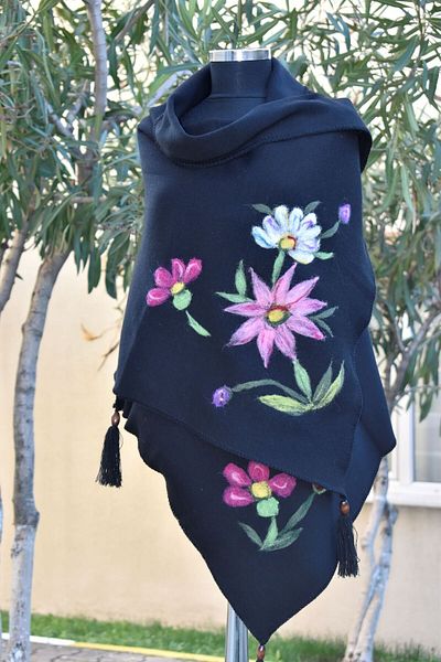 AYNALI BOHÇA Black Wool Embroidered Knitting Etol Shoulder Shal