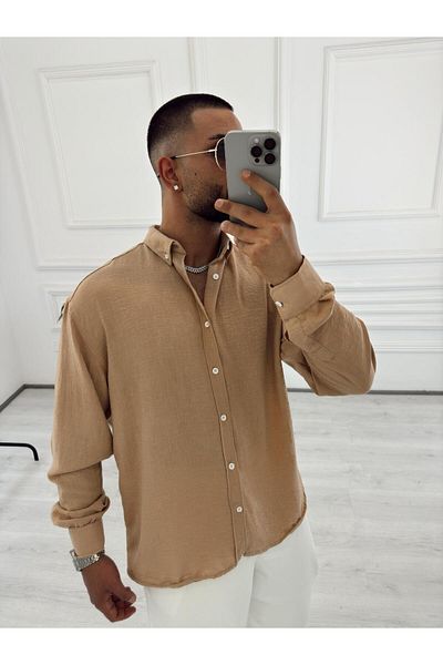 elkumoda Πουκάμισο από ύφασμα μουσελίνας Oversize με όρθιο γιακά, χαλαρό βαμβακερό πουκάμισο με κουμπιά πουκάμισο
