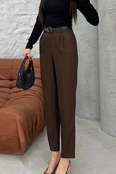 ESSFASIHON Narrow Leg Belted Trousers