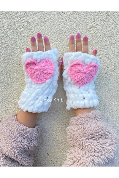 linka El yapımı örgü kalpli eldiven,Kışlık örgü eldiven, Peluş puffy parmaksı...