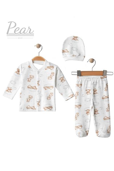 Pear Wear Teddy Bear Printed 3-Piece Hospital Release 100% Cotton 3-Piece Organic Baby Set