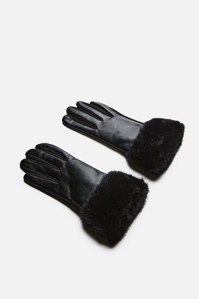 Muks Muk's Leather Gloves with Fur at the Wrist Cotton Inside Black