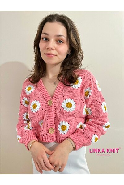 linka El yapımı örgü,motif mevsimlik hırka,Ayçiçeği çiçekli hırka