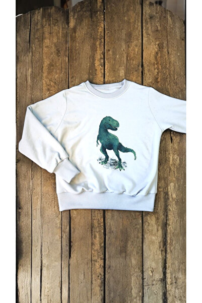 AHMERA سويت شيرت بطبعة ديناصور كريمي للشباب ذو قصة عادية وياقة دائرية