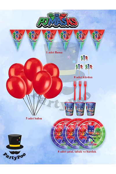 PartyPoo Pijamaskeliler Themed Mini Birthday Set for 8 People |   Party Supplies and Decorations