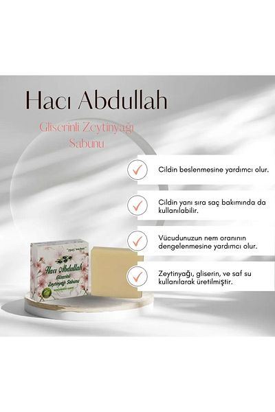 HACI ABDULLAH ZEYTİNYAĞLI DOĞAL SABUNLAR Glycerin Olive Oil Soap - 125Gr - (1 Piece)