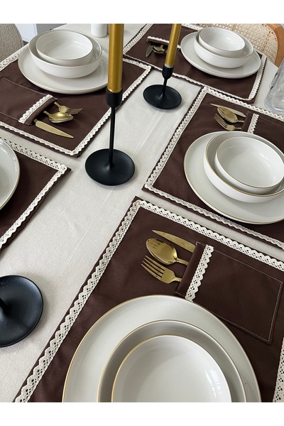 Mirilliahome Σετ 6 τεμαχίων από λινό αμερικανικό σερβίτσιο και σουπλά με δαντέλα - Λινό αμερικανικό σερβίτσιο / σουπλά