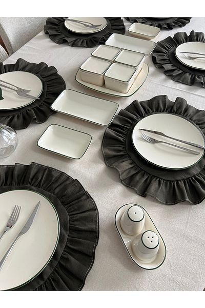 Mirilliahome Σετ 6 Χακί Βαμβακερά Λευκά Αμερικάνικα Σερβίρισμα και Πλάκα - Λινά Βολάν Πλάκα