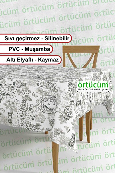 Örtücüm Pvc Astarlı Muşamba Mutfak Masa Örtüsü Gri Çini Geometrik Desenli Nay...