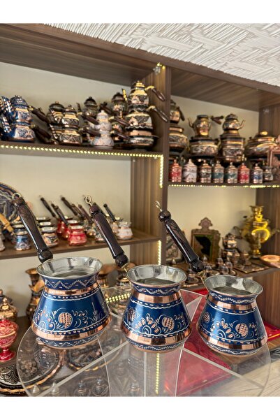 Home Bakır Cezve Takımı Üçlü Set Mavi