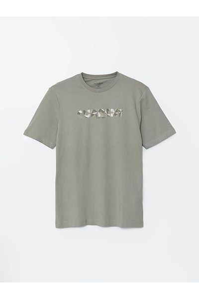 LC Waikiki Ανδρικό μπλουζάκι LCWAIKIKI Classic Beige Crew με κοντό μανίκι με στάμπα από βαμβακερό χτενισμένο