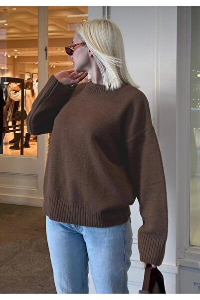 Gülce moda Kahverengi Bisiklet Yaka Oversize Triko Kazak