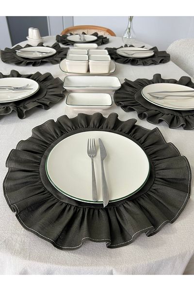 Mirilliahome Σετ 6 Χακί Βαμβακερά Λευκά Αμερικάνικα Σερβίρισμα και Πλάκα - Λινά Βολάν Πλάκα