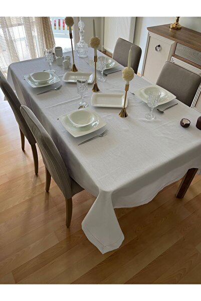 Zeren Home Piko Wrap Detailed Polyester Linen Carefree Table Cloth White + 6 Napkins