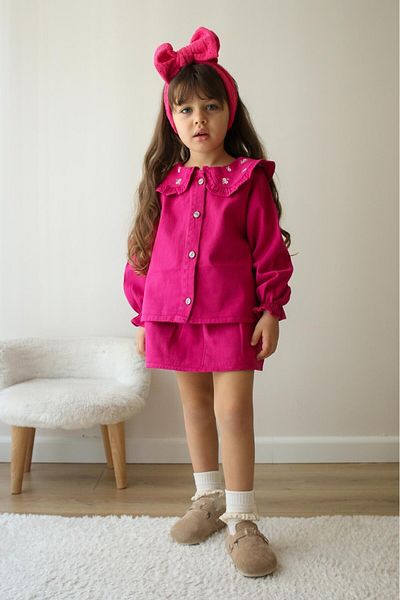 Elidabutik Jeans Set with Floral Embroidery Fuchsia Color Skirt