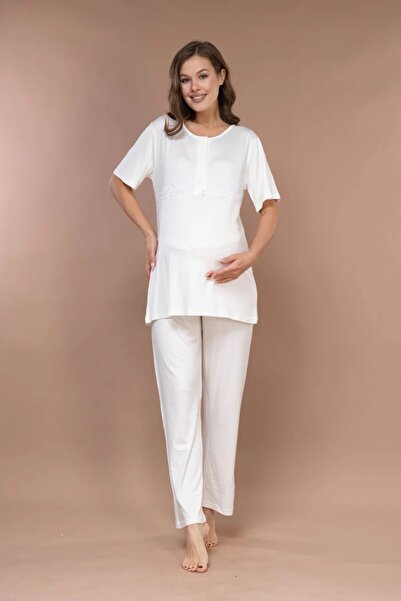 Rimel Homewear Ecru Jacquard Maternity Pajama Set with Dressing Gown