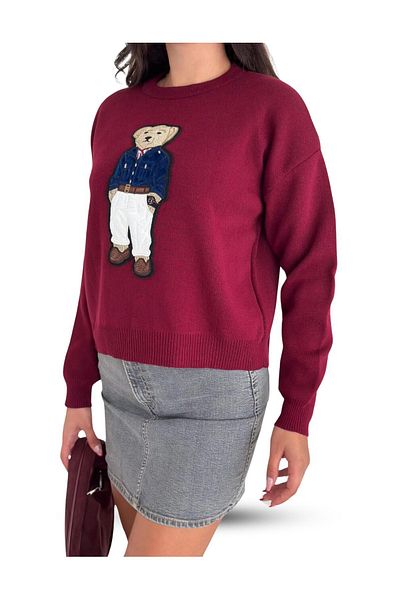 EyShan Teddy Bear Ursuleț de pluș Tricotaj de mărime standard cu model Pulover de damă roșu Claret