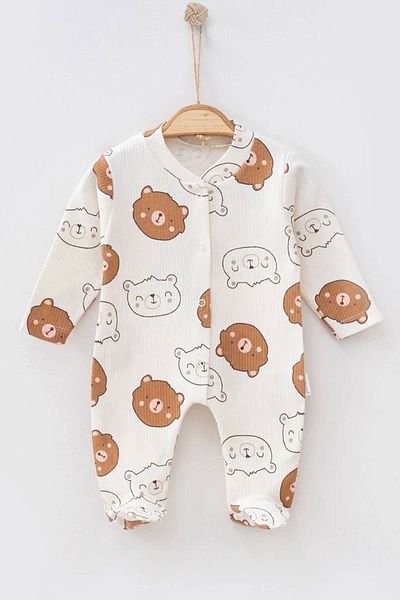 Krazber 100% Cotton |   Corded Kmaş |   Baby Teddy Bear Printed Booties Jumpsuit