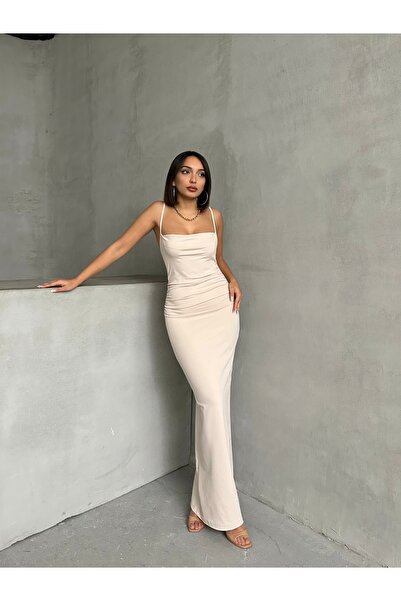 BEJNA Γυναικείο μπεζ λουράκι με λεπτομέρεια ελαστικό μακρύ φόρεμα