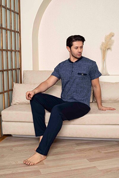 Mine style طقم بيجامة رجالي نيلي - نمط علوي، جيب مسطح، قطن 100%