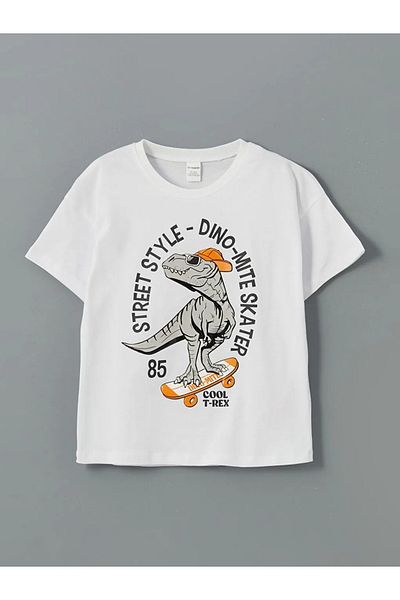 LC Waikiki Lcw Kids Ecru Crew Neck Printed Boys T-Shirt