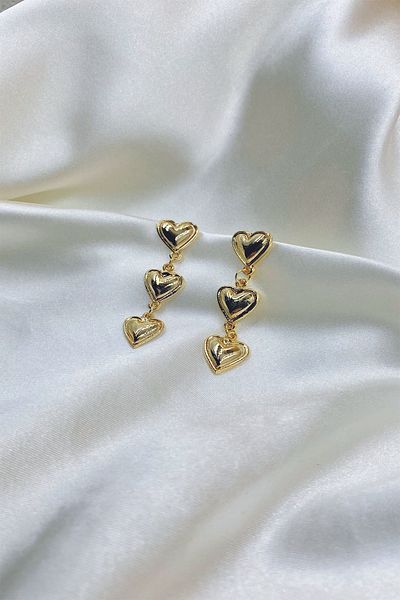 Eylülün Takısı Gold Color Three Hearts Dangle Heart Earrings