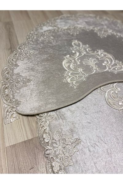 FeelHome Milas Grey Σετ 3 οβάλ χαλάκι μπάνιου - Αντιολισθητική βάση και λεπτομέρεια από βελούδινη δαντέλα