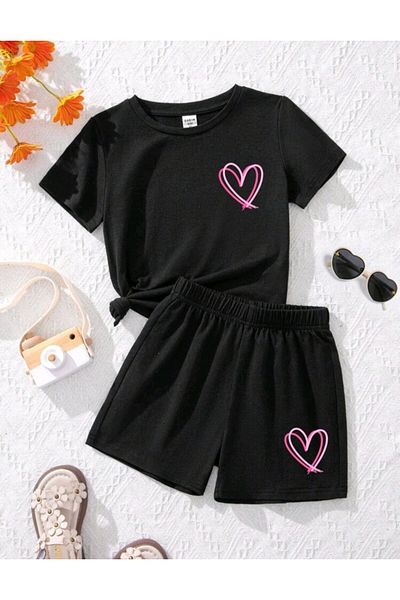 renkli diyar Girl's Bottom Top Summer Suit Printed Tee and Shorts
