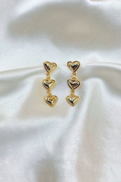 Eylülün Takısı Gold Color Three Hearts Dangle Heart Earrings
