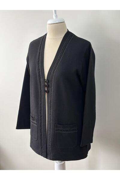 Özenli Triko Çelik Örgü Siyah Anne Hırka 3 Düğmeli Rte Nakışlı