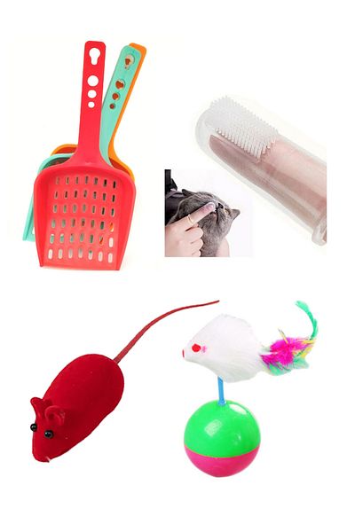 rianka 1Pc Cat Litter Shovel Tooth Cleaning Brush Plush Mouse Cat Toy Hacıyatmaz Set of 4