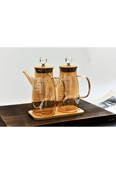 VADİ HOME Arles 2-Piece Crystal Stone Bamboo Base Borosilicate Glass Oil Vinegar