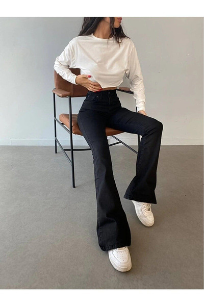 mooishan Lya Mia Blugi spaniole negri, care nu se decolorează, cu talie înalt...