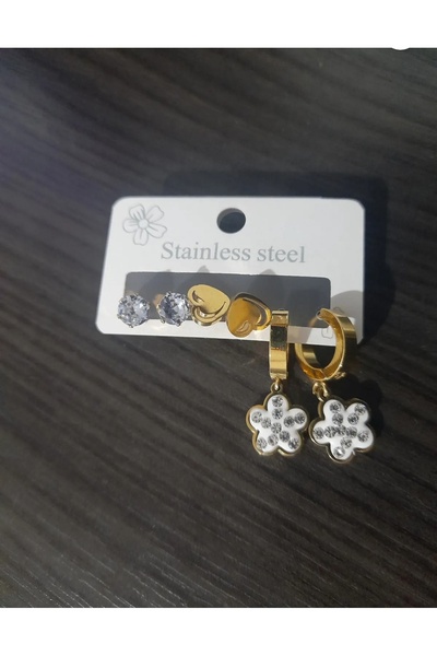 CharmPlay 316L Set of 3 Earrings - Heart and Clover Motifs with Stone Detail ...