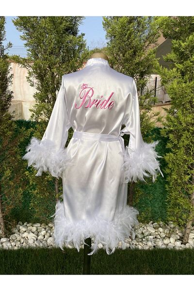 Before To Be Bride Fuchsia Embroidered Bride Full Feather Bridal Dressing Gown