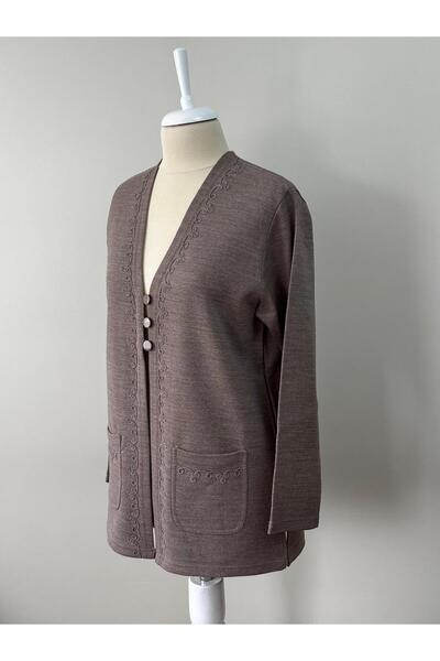 Özenli Triko Beige Corded Embroidered Steel Knit Mother Cardigan