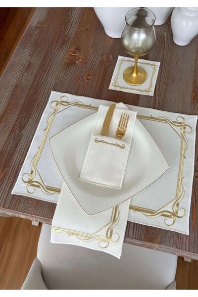 HİFA Keten Amerikan Servis Runner Takımı 6 kişilik(25 parça)(GOLD) Ege model