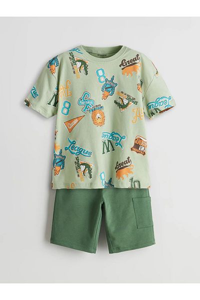 LC Waikiki Lcw Kids Green Printed Boys T-Shirts and Shorts 2-Piece