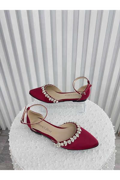 Almera's Shoes Burgundy Satin Stone Detailed Ballerinas