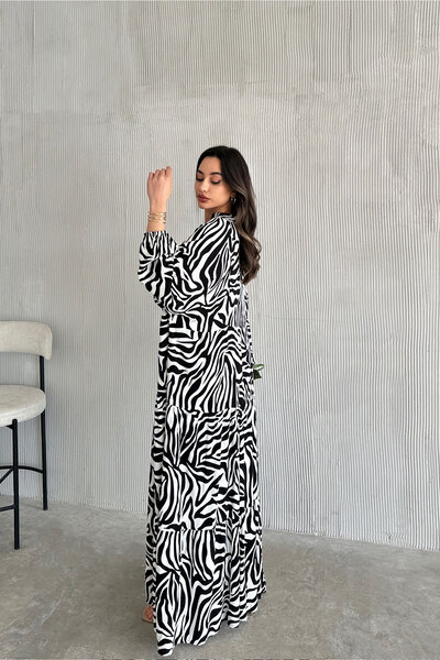 ASEDE Φόρεμα 100% Viscose Bohemian Alaçatı με κουμπιά Μαύρο και άσπρο φόρεμα βισκόζης Κατάλληλο για ισλαμικό φόρεμα