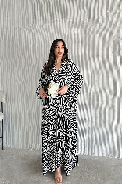 ASEDE 100% Viscose Bohemian Alaçatı Dress Buttoned Black and White Viscose Dress Suitable for Hijab
