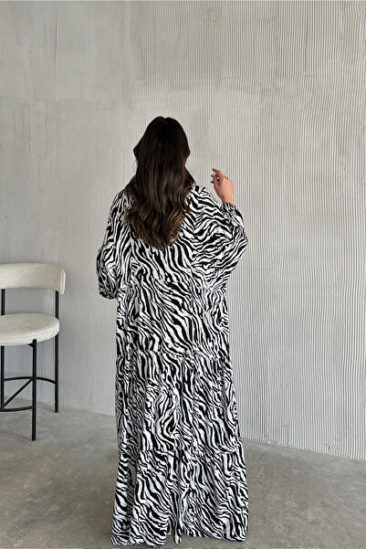 ASEDE 100% Viscose Bohemian Alaçatı Dress Buttoned Black and White Viscose Dress Suitable for Hijab