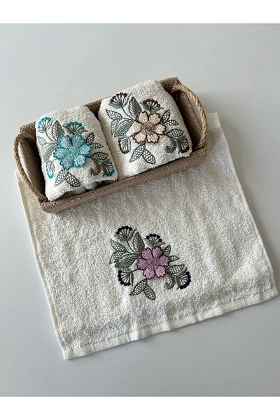 Sümeyye çeyiz Lot of 3 Kitchen Towels in a Wicker Basket 30X50 cm (Send with Basket)
