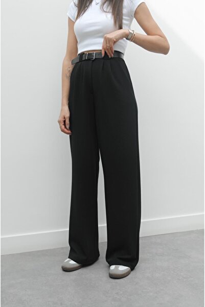 Havoş Siyah Heche Pileli Kemerli Pantolon