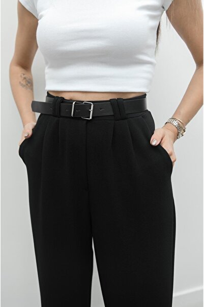 Havoş Siyah Heche Pileli Kemerli Pantolon
