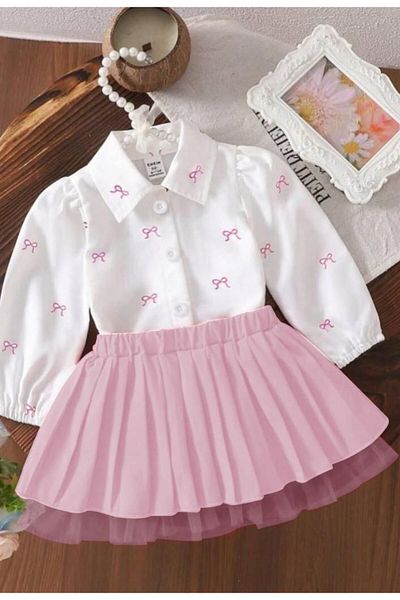 ARBİ kids Girl's Bow Detail Poplin Fabric Shirt Doble Pilleri Skirt Eid Stylish Suit Buy Large