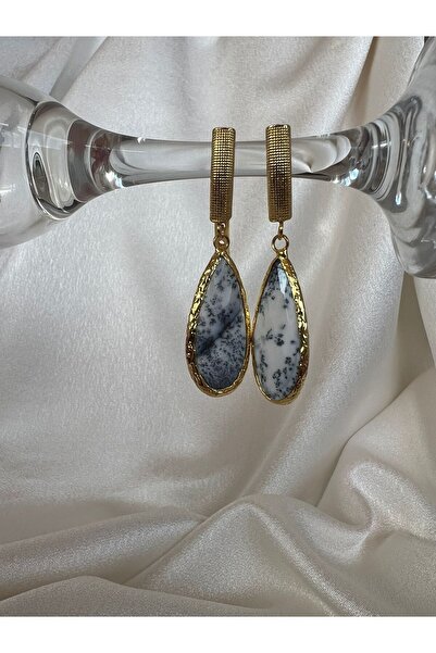 Feyz Tasarım Dandritli Agate Taşı Özel Damla Kesim Tasarım Küpe