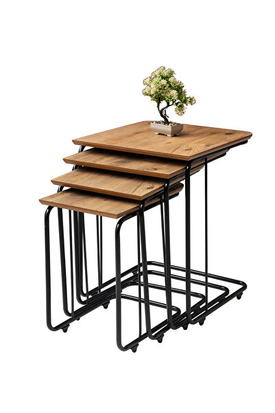 Viento Mobilya C MDF Zigon Sehpa Diş Budak Desen 4'lü Set, Tekerli Siyah Meta...