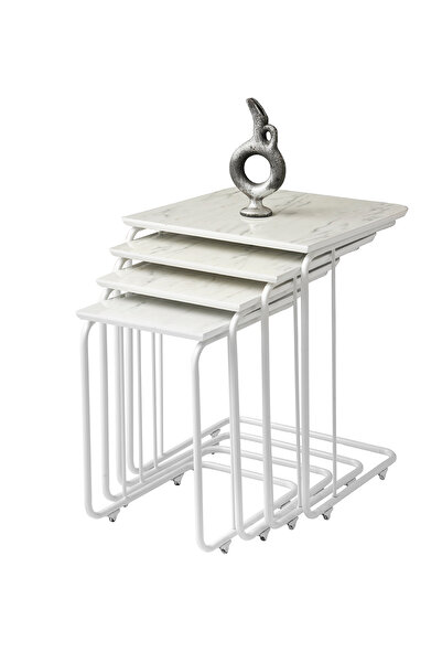 Viento Mobilya C Highgloss Zigon Sehpa Marmo Desen 4'lü Set, Tekerli Beyaz Me...